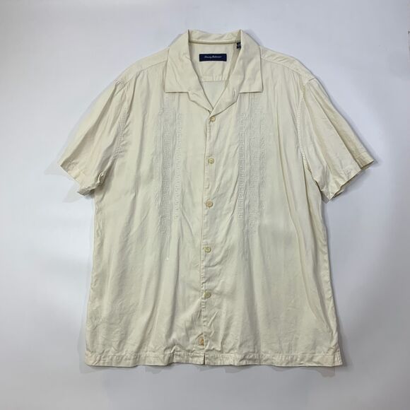 Tommy Bahama Shirt Mens XXL 2XL Cream Silk Short Sleeve Embroidered Graphic - Picture 2 of 10